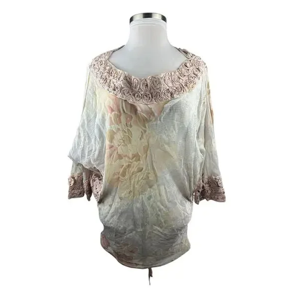 Emamo Silk Floral Sheer Tunic Blouse M Coquette Cottage Romantic Peasant Boho - Picture 12 of 16